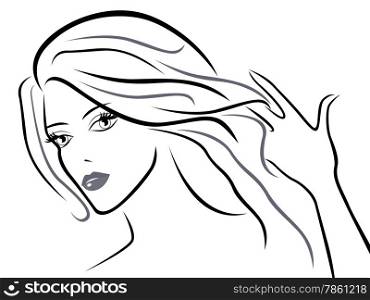 Young beautiful women with chic hair, black over white hand drawing vector sketching artwork