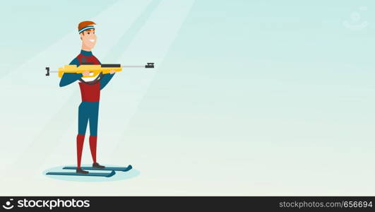 Young biathlon runner holding a weapon and aiming at the target. Caucasian sportsman taking part in ski biathlon competition. Winter sport concept. Vector flat design illustration. Horizontal layout.. Young caucasian biathlon runner aiming at target.