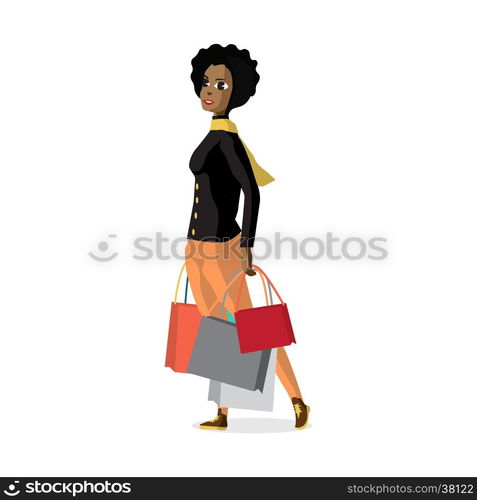 Young black woman standing with shopping bags on Black Friday, the day before Christmas. Cartoon style vector illustration isolated on white background