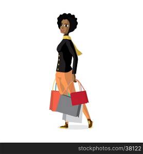 Young black woman standing with shopping bags on Black Friday, the day before Christmas. Cartoon style vector illustration isolated on white background