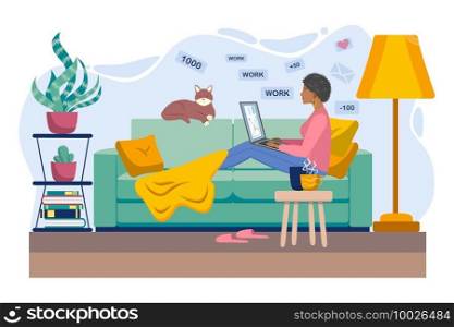 Young black woman working or studying from home, sitting on the couch, in a cozy atmosphere, with tea and a cat. Concept of covid-19 quarantine, freelancing, work and learning from home. Cartoon style. Young black woman working or studying from home, sitting on the couch, in a cozy atmosphere, with tea and a cat. Concept of covid-19 quarantine, freelancing, work and learning from home.