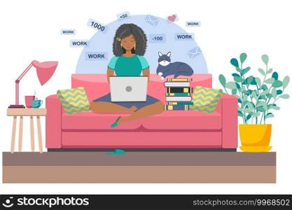 Young black woman working or studying from home, sitting on the couch, in a cozy atmosphere, with tea and a cat. Concept of covid-19 quarantine, freelancing, work and learning from home. Cartoon style. Young black woman working or studying from home, sitting on the couch, in a cozy atmosphere, with tea and a cat. Concept of covid-19 quarantine, freelancing, work and learning from home.