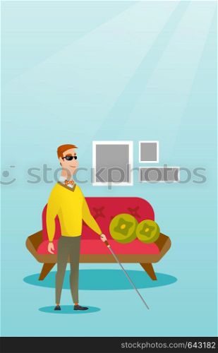 Young blind man standing with a walking stick at his house. Blind man wearing dark glasses and standing with a cane. Blind man walking with a stick. Vector flat design illustration. Vertical layout.. Blind man with a stick vector illustration.