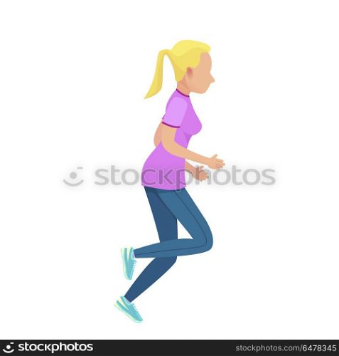 Young Blonde Girl in Slinky Sport Form Running. Young blonde girl running vector illustration. Shapely female dressed in purple t-shirt, blue leggings and navy sneakers.