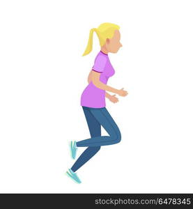 Young Blonde Girl in Slinky Sport Form Running. Young blonde girl running vector illustration. Shapely female dressed in purple t-shirt, blue leggings and navy sneakers.