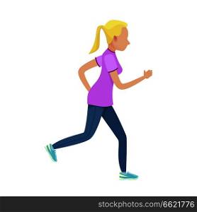 Young blonde girl running vector illustration. Shapely female dressed in purple t-shirt, blue leggings and navy sneakers.. Young Blonde Girl in Slinky Sport Form Running