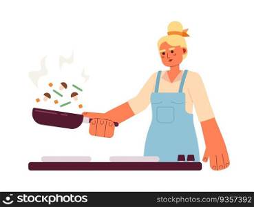 Young blonde woman fry vegetables semi flat colorful vector character. Editable half body caucasian cooking person on white. Simple cartoon spot illustration for web graphic design. Young blonde woman fry vegetables semi flat colorful vector character