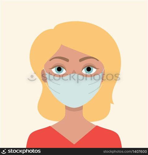 Young blonde woman in medical mask. Concept of protection against viruses, flu, coronavirus. Prevention of an epidemic. Flat vector illustration.
