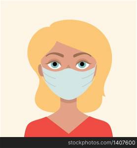 Young blonde woman in medical mask. Concept of protection against viruses, flu, coronavirus. Prevention of an epidemic. Flat vector illustration.