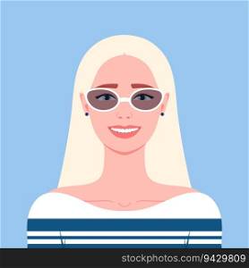 Young blonde woman in sunglasses and striped dress is smiling. Summer clothes. Girl portrait in a flat style