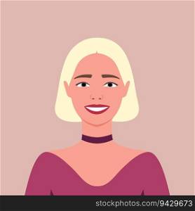 Young blonde woman is smiling. Avatar. Portrait. Human emotions. Happiness. Joy. Female. Flat style
