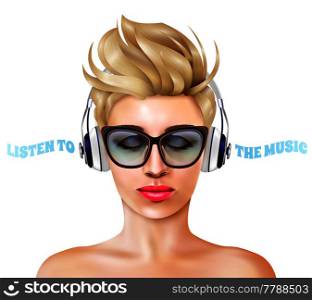 Young blonde woman listening to music through headphones on white background realistic vector illustration. Woman With Headphones Illustration