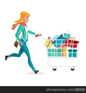 Young blonde woman running with a trolley on Black Friday, the day before Christmas. Cartoon style vector illustration isolated on white background