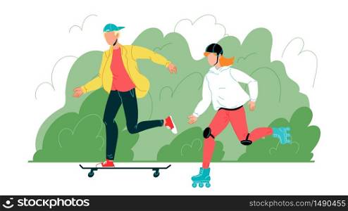 Young Boy And Girl Have Activity Sport Time Vector. Characters Man Riding On Skateboard And Woman On Roller Skates, Green Bushes On Background, Sportive Activity In Park. Flat Cartoon Illustration. Young Boy And Girl Have Activity Sport Time Vector