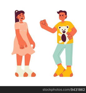 Young boy bullying little girl in tears semi flat color vector characters. Bully kid stealing bear toy. Editable full body people on white. Simple cartoon spot illustration for web graphic design. Young boy bullying little girl in tears semi flat color vector characters