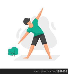 Young boy doing yoga asana in park. Cute man practicing sport exercises outdoor. Isolated character standing in gymnastic position. Balance relaxing pose. Vector teenager active training in nature. Young boy doing yoga asana in park. Man practicing sport exercises outdoor. Isolated character standing in gymnastic position. Balance relaxing pose. Vector teenager active training