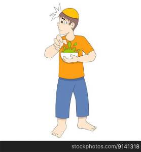 young boy eating hidden food during daytime fasting. vector design illustration art