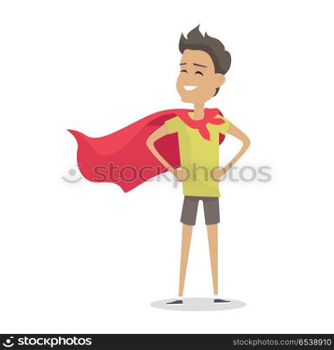 Young Boy in Superman Pose Wearing a Red Cloak.. Young boy in superman pose wearing a red cloak. Boy with green T-shirt and gray shorts and red cloak. Smiling boy personage in flat design isolated on white background. Vector illustration.