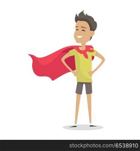 Young Boy in Superman Pose Wearing a Red Cloak.. Young boy in superman pose wearing a red cloak. Boy with green T-shirt and gray shorts and red cloak. Smiling boy personage in flat design isolated on white background. Vector illustration.