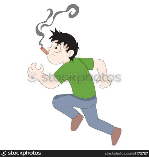 young boy is running in a hurry while smoking a cigarette. vector design illustration art