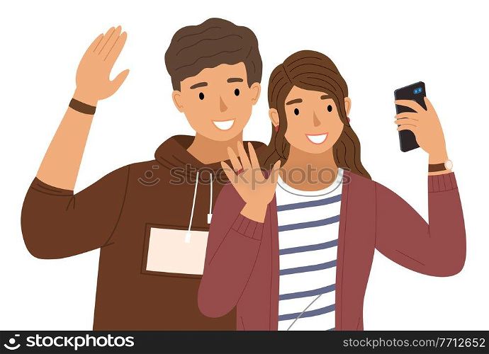 Young boy is waving his hand. Male character is standing next to the girl. Female character in sweater is making selfie and raises her hand. Vector illustration isolated on white background. Young boy is waving his hand. Male character standing next to the girl, friends are making selfie