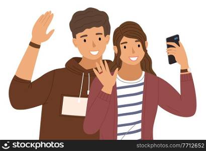 Young boy is waving his hand. Male character is standing next to the girl. Female character in sweater is making selfie and raises her hand. Vector illustration isolated on white background. Young boy is waving his hand. Male character standing next to the girl, friends are making selfie