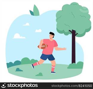 Young boy running through field with rugby ball. Kid cartoon character playing ball game flat vector illustration. Sports, outdoor activity concept for banner, website design or landing web page