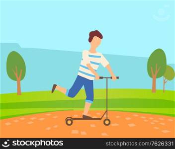 Young boy skating on self balancing scooter in city park with green trees, grass, summertime landscape. Vector cartoon teenager and summer sport activity. Flat cartoon. Young Boy Skates on Self Balancing Scooter in Park