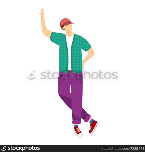 Young boy standing with legs crossed flat vector illustration. Teenager leans on wall. Hipster dressed man. Student wearing stylish clothes isolated cartoon character on white background. Young boy standing with legs crossed flat vector illustration