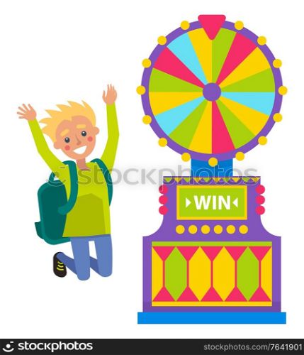 Young boy with green backpack spinning colorful roulette wheel. Excited student winning prize in casino. Male character jumping of joy isolated on white. Male Student Spinning Roulette Wheel and Winning
