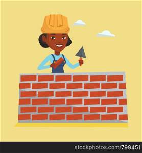 Young bricklayer in uniform and hard hat. African-american bicklayer working with spatula and brick on construction site. Bricklayer building brick wall. Vector flat design illustration. Square layout. Bricklayer working with spatula and brick.