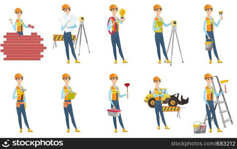 Young bricklayer in uniform and hard hat. Bicklayer working with spatula and brick on construction site. Bricklayer building wall. Set of vector flat design illustrations isolated on white background.. Vector set of builder characters.