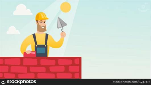 Young bricklayer in uniform and hard hat. Caucasian bicklayer working with spatula and brick on construction site. Bricklayer building a brick wall. Vector flat design illustration. Horizontal layout.. Bricklayer working with spatula and brick.