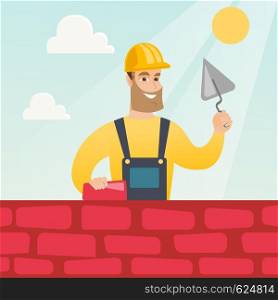 Young bricklayer in uniform and hard hat. Caucasian bicklayer working with spatula and brick on construction site. Bricklayer building a brick wall. Vector flat design illustration. Square layout.. Bricklayer working with spatula and brick.