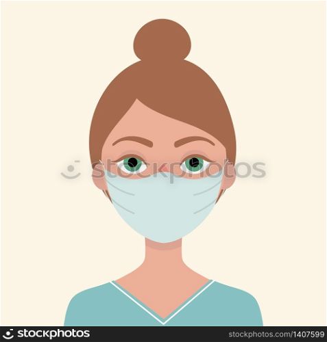 Young brown hair woman in medical mask. Concept of protection against viruses, flu, coronavirus. Prevention of an epidemic. Flat vector illustration.