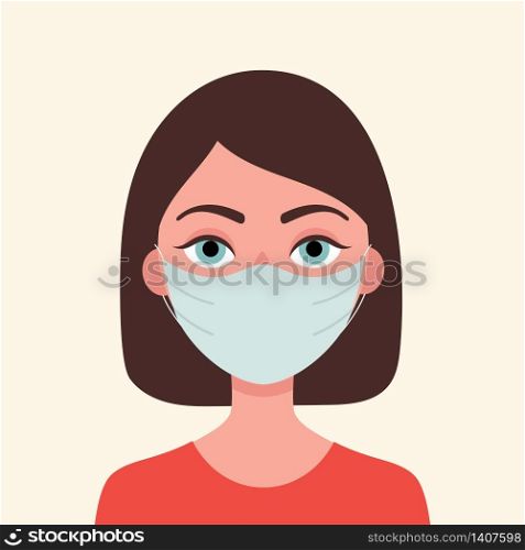 Young brunette woman in medical mask. Concept of protection against viruses, flu, coronavirus. Prevention of an epidemic. Flat vector illustration.