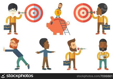 Young bsinessman shooting in business goal. Concentrated businessman aiming at business goal. Concept of business goal and target. Set of vector flat design illustrations isolated on white background.. Vector set of illustrations with business people.