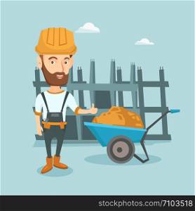 Young builder in hard hat giving thumb up. Caucasian builder with thumb up standing near wheelbarrow full of sand. Builder at work on construction site. Vector flat design illustration. Square layout.. Builder giving thumb up vector illustration.