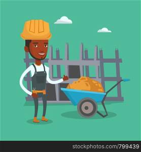 Young builder in hard hat giving thumb up. An african-american builder with thumb up standing near wheelbarrow. Builder at work on construction site. Vector flat design illustration. Square layout.. Builder giving thumb up vector illustration.