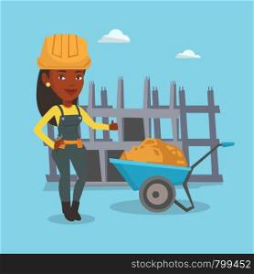 Young builder in hard hat giving thumb up. An african-american builder with thumb up standing near wheelbarrow. Builder at work on construction site. Vector flat design illustration. Square layout.. Builder giving thumb up vector illustration.