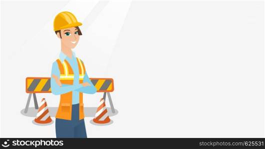 Young builder standing on the background of construction site with road barriers. Builder standing with arms crossed. Confident builder in hard hat. Vector flat design illustration. Horizontal layout.. Confident builder with arms crossed.