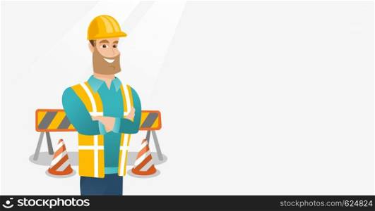 Young builder standing with arms crossed. Confident builder in hard hat. Caucasian builder in helmet standing on the background of road barriers. Vector flat design illustration. Horizontal layout.. Confident builder with arms crossed.