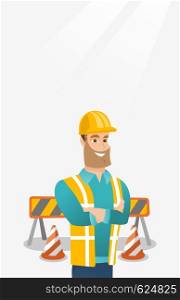 Young builder standing with arms crossed. Confident builder in hard hat. Caucasian builder in helmet standing on the background of road barriers. Vector flat design illustration. Vertical layout.. Confident builder with arms crossed.