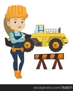 Young builder standing with arms crossed. Confident builder in hard hat. Caucasian builder standing on the background of road works. Vector flat design illustration isolated on white background.. Confident builder with arms crossed.