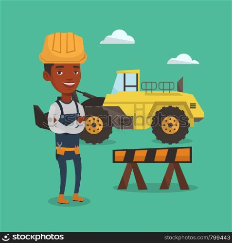 Young builder standing with arms crossed. Confident builder in hard hat. An african-american builder standing on the background of construction site. Vector flat design illustration. Square layout.. Confident builder with arms crossed.