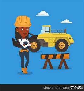 Young builder standing with arms crossed. Confident builder in hard hat. An african-american builder standing on the background of construction site. Vector flat design illustration. Square layout.. Confident builder with arms crossed.