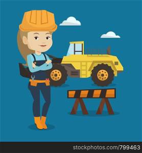 Young builder standing with arms crossed. Confident builder in hard hat. Caucasian builder standing on the background of construction site or road works. Vector flat design illustration. Square layout. Confident builder with arms crossed.