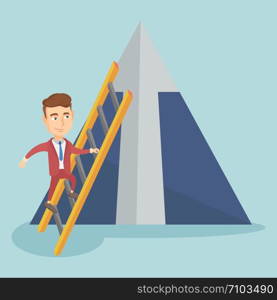 Young business man climbing the ladder. Business man climbing on mountain with arrow going up. Business man climbing upward on the top of mountain. Vector flat design illustration. Square layout.. Business man climbing on mountain.