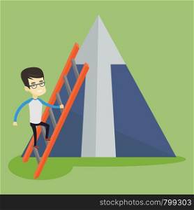 Young business man climbing the ladder. Business man climbing on mountain with arrow going up. Business man climbing upward on the top of mountain. Vector flat design illustration. Square layout.. Business man climbing on mountain.