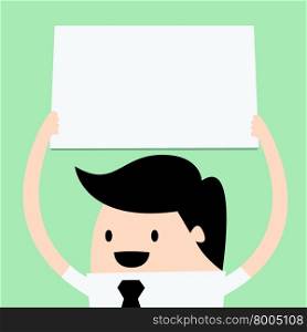 young business man holding big blank paper over head